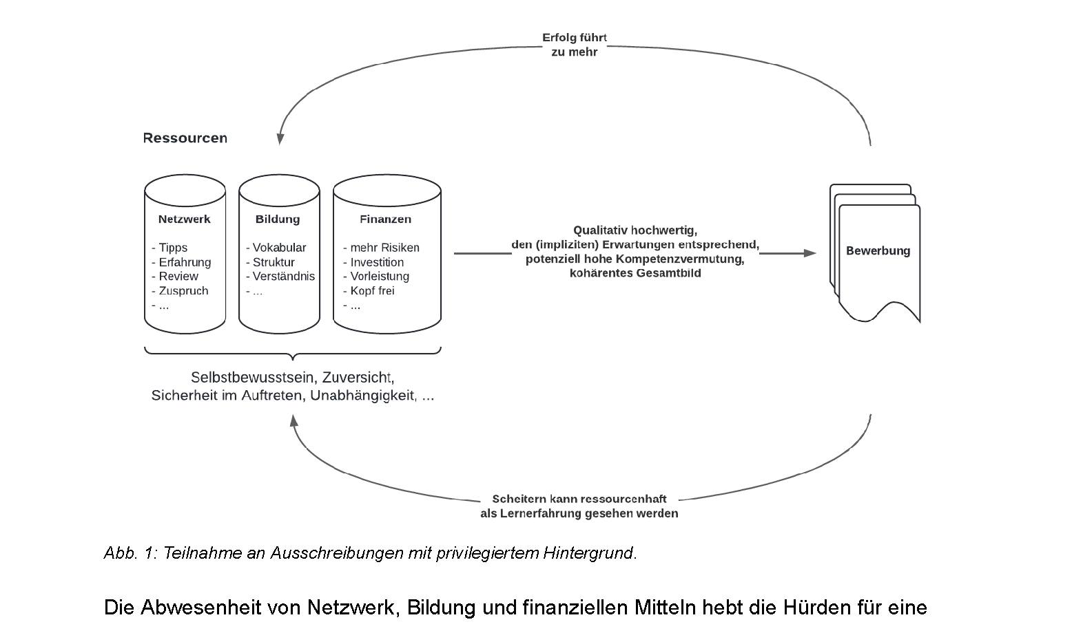 Abb. 1: Teilnahme an Ausschreibungen mit privilegiertem Hintergrund. Diagramm mit drei Ressourcen-Säulen (Netzwerk, Bildung, Finanzen) und einem positiven Kreislauf über die Bewerbung.